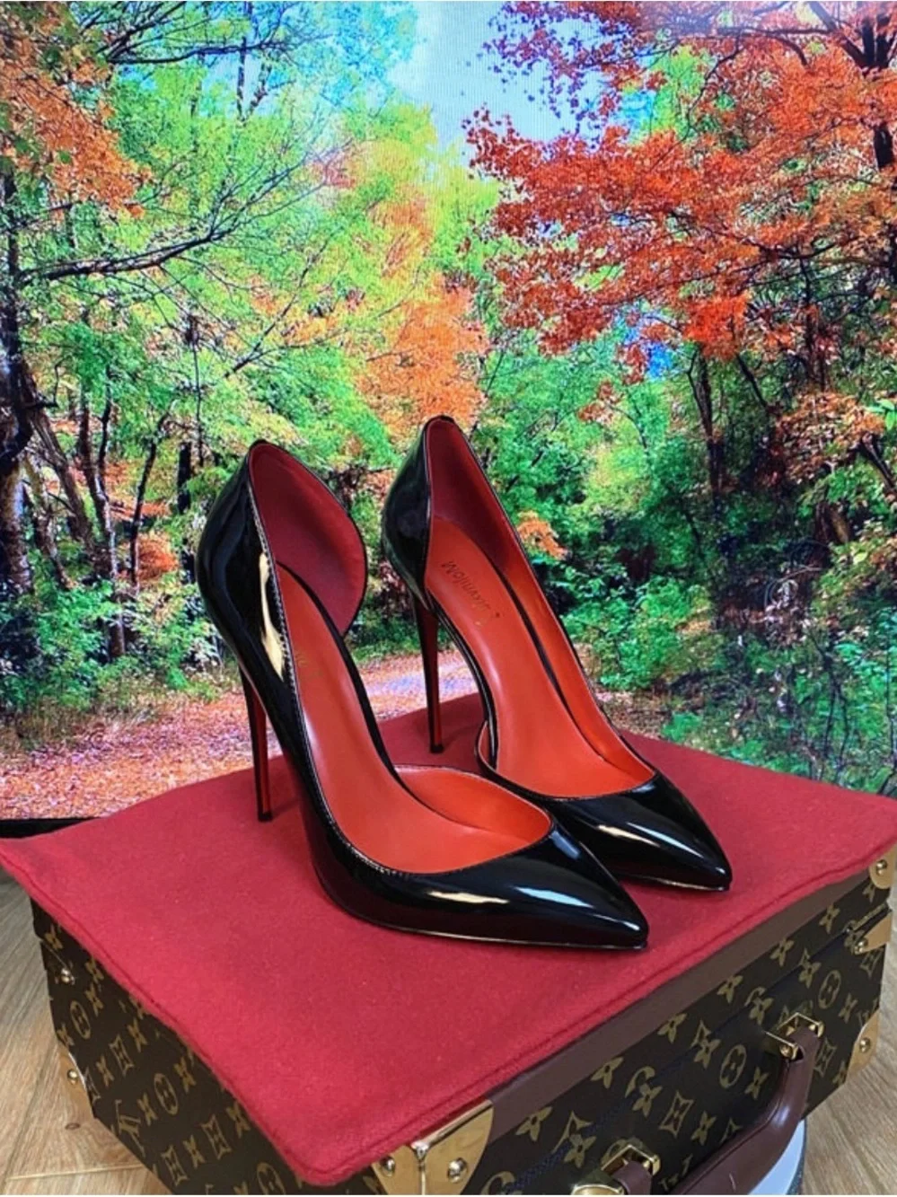 Black Patent High Heel Pumps with Red Interior